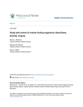 Study and Control of Marine Fouling Organisms, Naval Base, Norfolk, Virginia