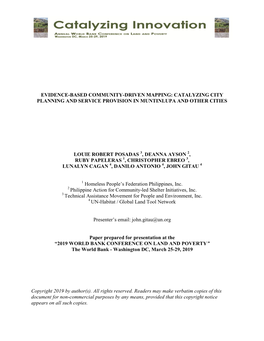 Evidence-Based Community-Driven Mapping: Catalyzing City Planning and Service Provision in Muntinlupa and Other Cities