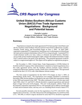 United States-Southern African Customs Union (SACU) Free Trade Agreement Negotiations: Background and Potential Issues