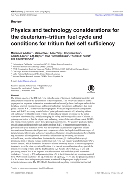 Physics and Technology Considerations for the Deuterium–Tritium Fuel Cycle and Conditions for Tritium Fuel Self Sufficiency