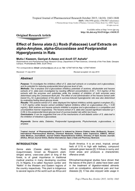 Effect of Senna Alata (L) Roxb (Fabaceae) Leaf Extracts on Alpha-Amylase, Alpha-Glucosidase and Postprandial Hyperglycemia in Rats