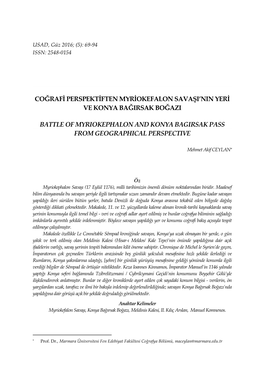 Coğrafi Perspektiften Myriokefalon Savaşi'nin Yeri Ve Konya Bağirsak Boğazi Battle of Myriokephalon and Konya Bagirsa