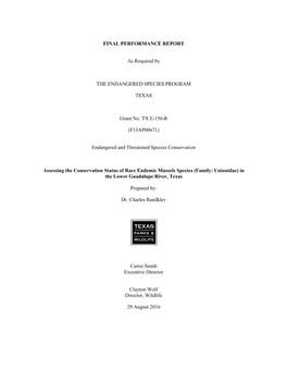 Assessing the Conservation Status of Rare Endemic Mussels Species (Family: Unionidae) in the Lower Guadalupe River, Texas