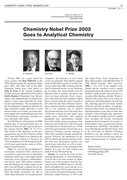 Chemistry Nobel Prize 2002 Goes to Analytical Chemistry