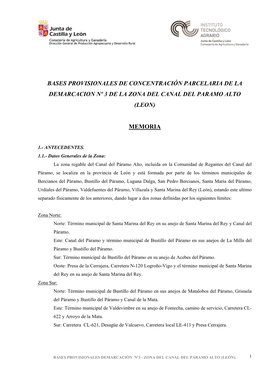 Bases Provisionales De Concentración Parcelaria De La Demarcacion Nº 3 De La Zona Del Canal Del Paramo Alto (Leon)