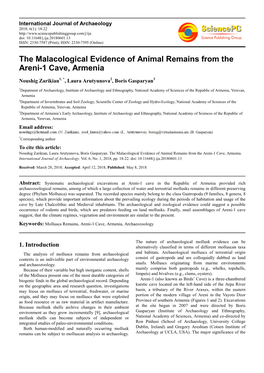 The Malacological Evidence of Animal Remains from the Areni-1 Cave, Armenia