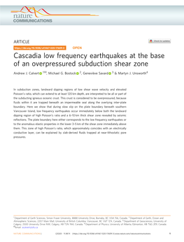 Cascadia Low Frequency Earthquakes at the Base of an Overpressured Subduction Shear Zone ✉ Andrew J