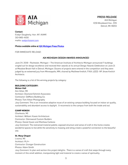 PRESS RELEASE AIA Michigan 4219 Woodward Ave., 205 Detroit, MI 48201