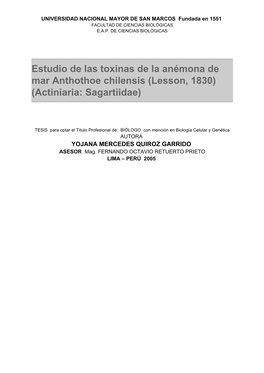 Estudio De Las Toxinas De La Anémona De Mar Anthothoe Chilensis (Lesson