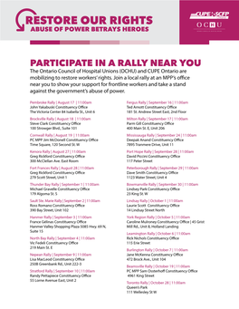 PARTICIPATE in a RALLY NEAR YOU the Ontario Council of Hospital Unions (OCHU) and CUPE Ontario Are Mobilizing to Restore Workers’ Rights