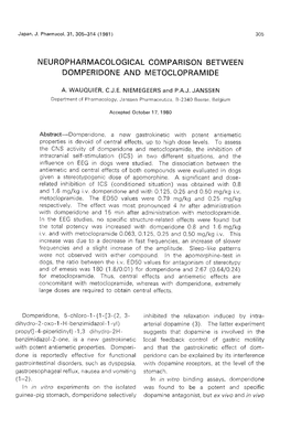 NEUROPHARMACOLOGICAL COMPARISON BETWEEN DOMPERIDONE and METOCLOPRAMIDE Abstract-Domperidone, a New Gastrokinetic with Potent