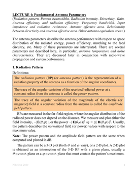 LECTURE 4: Fundamental Antenna Parameters (Radiation Pattern