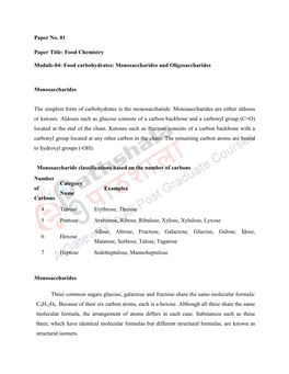 Food Carbohydrates: Monosaccharides and Oligosaccharides