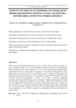 Toxicity of Some Plant Powders to Lesser Grain Borer (Rhyzopertha Dominica (Fab.); Coleoptera: Bostrichidea) Infesting Stored Sorghum