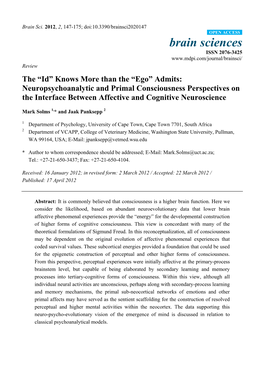 Ego” Admits: Neuropsychoanalytic and Primal Consciousness Perspectives on the Interface Between Affective and Cognitive Neuroscience