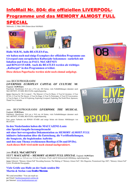 Infomail Nr. 804: Die Offiziellen LIVERPOOL- Programme Und Das MEMORY ALMOST FULL SPECIAL Mittwoch, 12