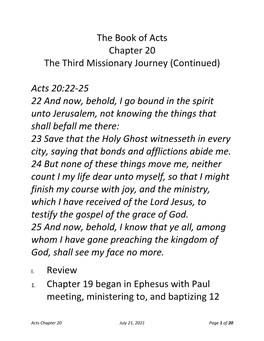 The Book of Acts Chapter 20 the Third Missionary Journey (Continued)