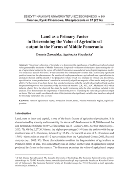 Land As a Primary Factor in Determining the Value of Agricultural Output in the Farms of Middle Pomerania