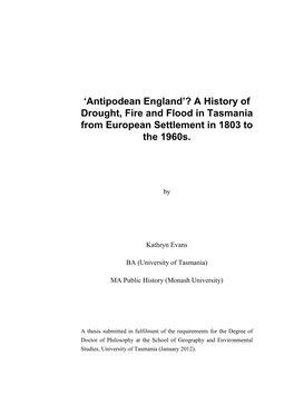 A History of Drought, Fire and Flood in Tasmania from European Settlement in 1803 to the 1960S