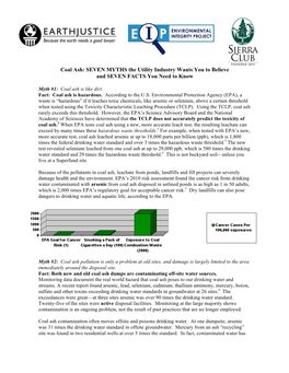 Coal Ash: SEVEN MYTHS the Utility Industry Wants You to Believe and SEVEN FACTS You Need to Know