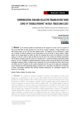 Double Epidemic” in Italy: Traces and Clues Comunicación, Miedo Y Trauma Colectivo En La Primera Ola De La “Doble Epidemia” De Covid-19 En Italia: Rastros Y Pistas