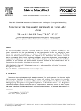 Structure of the Zooplankton Community in Hulun Lake, China