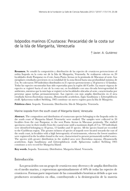 Isópodos Marinos (Crustacea: Peracarida) De La Costa Sur De La Isla De Margarita, Venezuela † Javier