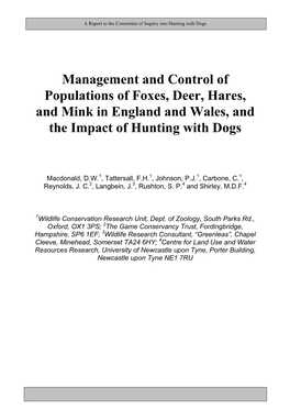 Management and Control of Populations of Foxes, Deer, Hares, and Mink in England and Wales, and the Impact of Hunting with Dogs