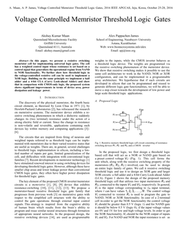 Voltage Controlled Memristor Threshold Logic Gates, 2016 IEEE APCCAS, Jeju, Korea, October 25-28, 2016