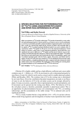 SPECIES SELECTION for PHYTOREMEDIATION of 36Cl/35Cl USING ANGIOSPERM PHYLOGENY and INTER-TAXA DIFFERENCES in UPTAKE