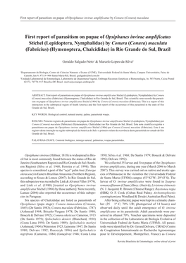 First Report of Parasitism on Pupae of Opsiphanes Invirae Amplificatus by Conura (Conura) Maculata