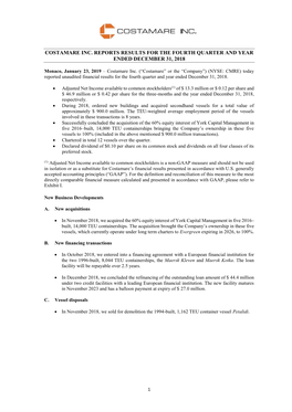 Costamare Inc. Reports Results for the Fourth Quarter and Year Ended December 31, 2018