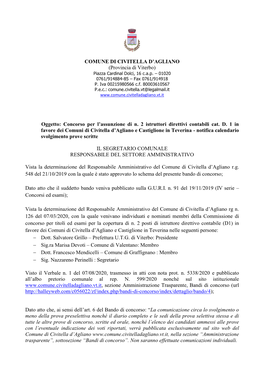 COMUNE DI CIVITELLA D'agliano (Provincia Di Viterbo) Oggetto: Concorso Per L'assunzione Di N. 2 Istruttori Direttivi Contab