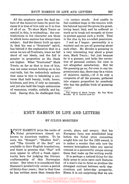 Knut Hamsun. in Life and Letters