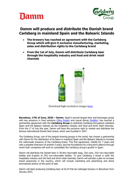 Damm Will Produce and Distribute the Danish Brand Carlsberg in Mainland Spain and the Balearic Islands