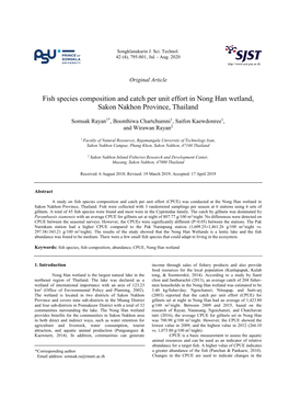 Fish Species Composition and Catch Per Unit Effort in Nong Han Wetland, Sakon Nakhon Province, Thailand