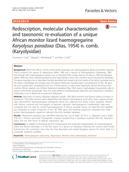 Redescription, Molecular Characterisation and Taxonomic Re-Evaluation of a Unique African Monitor Lizard Haemogregarine Karyolysus Paradoxa (Dias, 1954) N