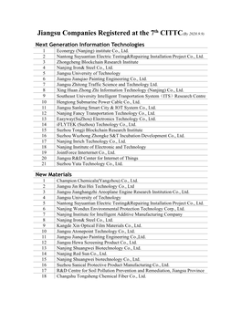 Jiangsu Companies Registered at the 7 CITTC(By 2020.9.9) Next Generation Information Technologies 1 Econergy (Nanjing) Institute Co., Ltd