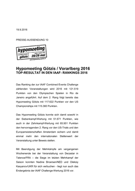 Hypomeeting Götzis / Vorarlberg 2016 TOP-RESULTAT in DEN IAAF- RANKINGS 2016