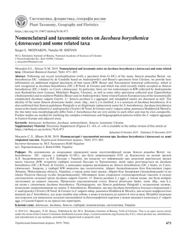 Nomenclatural and Taxonomic Notes on Jacobaea Borysthenica (Asteraceae) and Some Related Taxa Sergei L