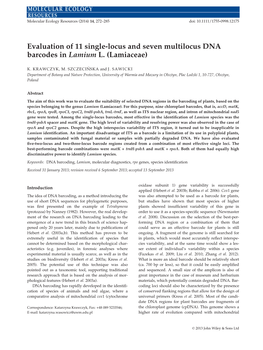 Evaluation of 11 Singlelocus and Seven Multilocus DNA Barcodes In