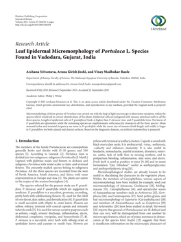 Leaf Epidermal Micromorphology of Portulaca L. Species Found in Vadodara, Gujarat, India