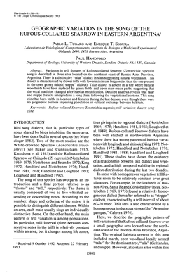 Geographic Variation in the Song of the Rufous-Collared Sparrow in Eastern Argentina ’