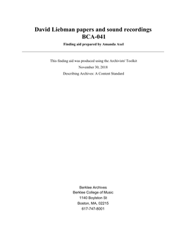 David Liebman Papers and Sound Recordings BCA-041 Finding Aid Prepared by Amanda Axel