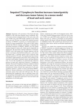 Impaired T Lymphocyte Function Increases Tumorigenicity and Decreases Tumor Latency in a Mouse Model of Head and Neck Cancer