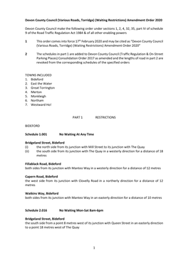 (Various Roads, Torridge) (Waiting Restrictions) Amendment Order 2020