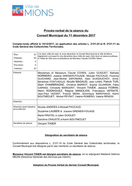 Procès-Verbal De La Séance Du Conseil Municipal Du 11 Décembre 2017