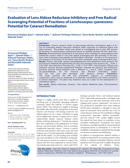 Evaluation of Lens Aldose Reductase Inhibitory and Free Radical Scavenging Potential of Fractions of Lonchocarpus Cyanescens: Potential for Cataract Remediation