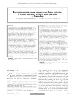 Giardia Duodenalis in Children and Adults Attending a Day Care Centre in Central Italy Crotti D.*, D’Annibale M.L.*, Fonzo G.*, Lalle M.**, Cacciò S.M.** & Pozio E.**