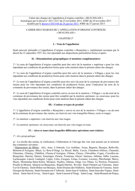 Cahier Des Charges De L'appellation D'origine Contrôlée Beaujolais